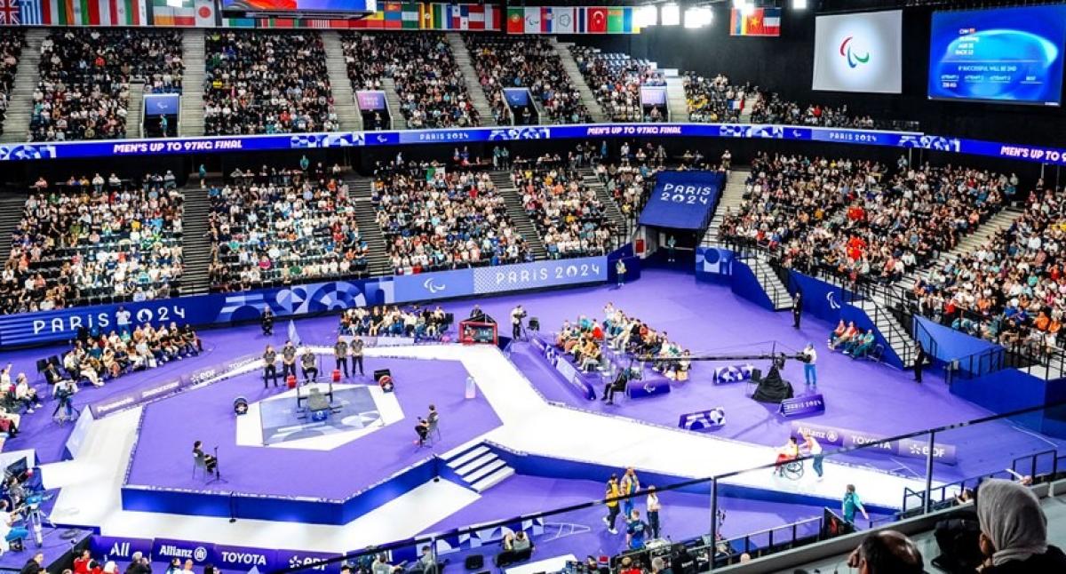 An aerial view of the Para powerlifting Port de La Chapelle Arena at Paris 2024 Paralympic Games